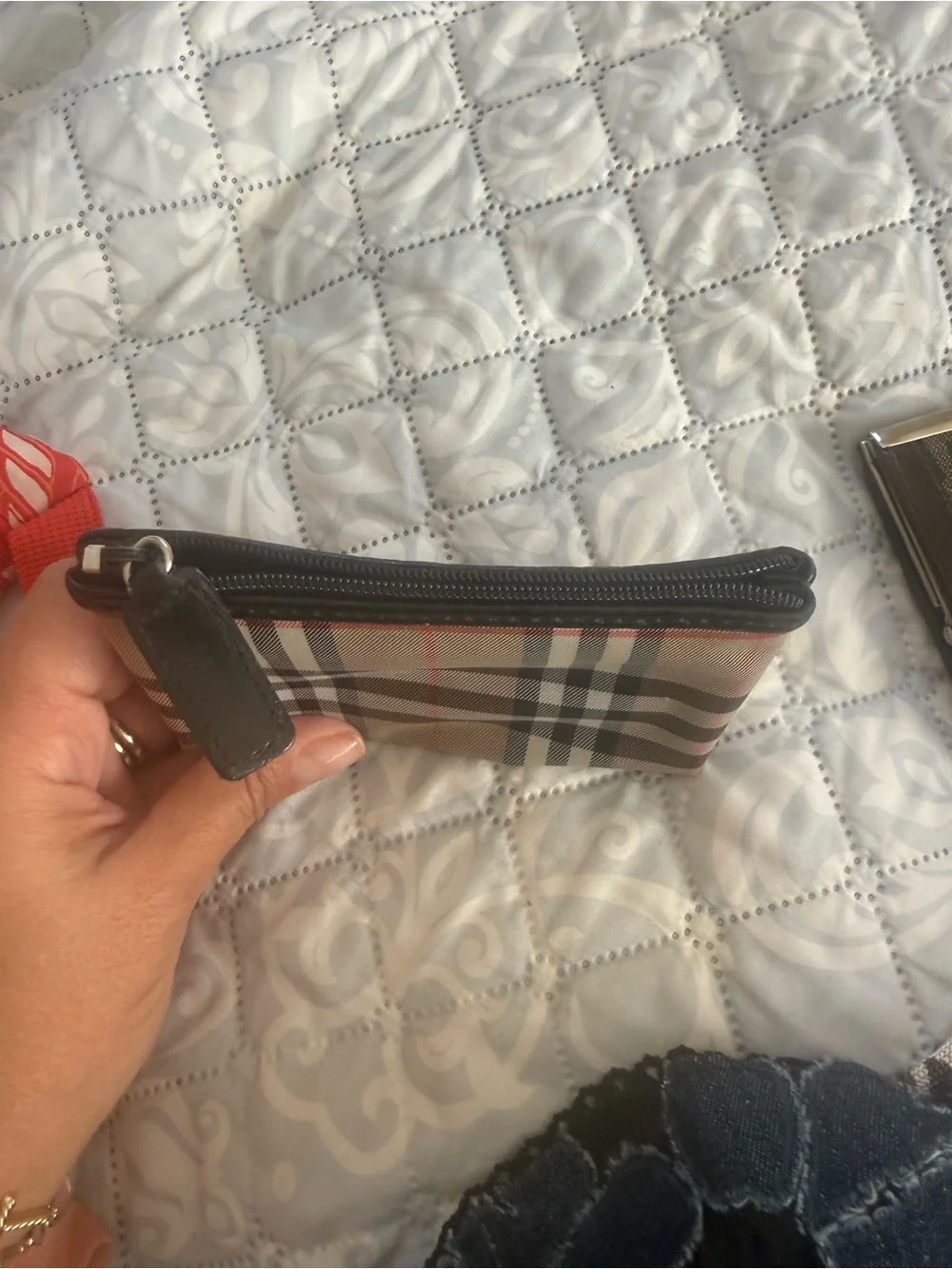 Burberry Beige Plaid Zip Pouch/change purse with Black Trim and Red Accents